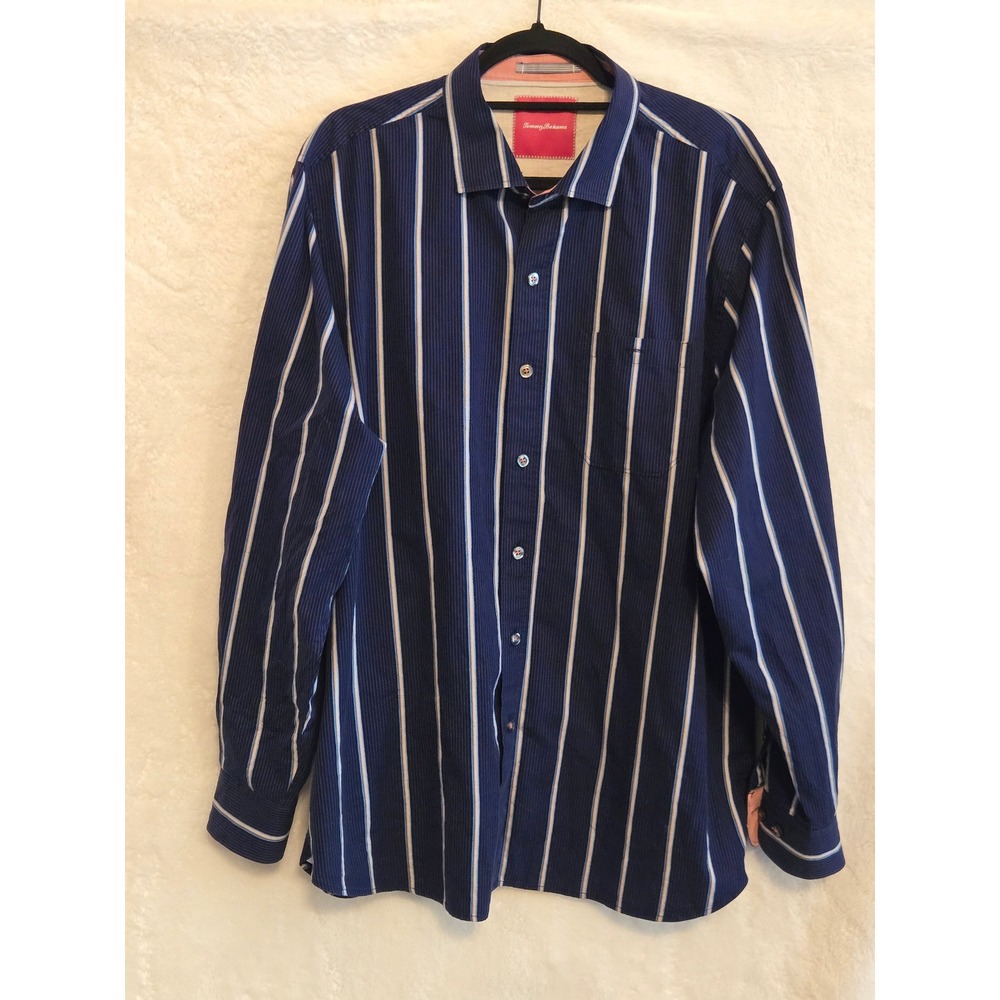 Tommy Bahama Mens XL Long Sleeve Button Down Shirt Navy Blue Striped Cotton